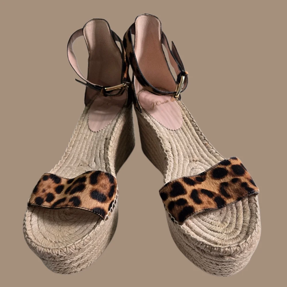 J Crew Espadrille Wedge Sandals Brown Tan Leopard Calf Hair Platform 10